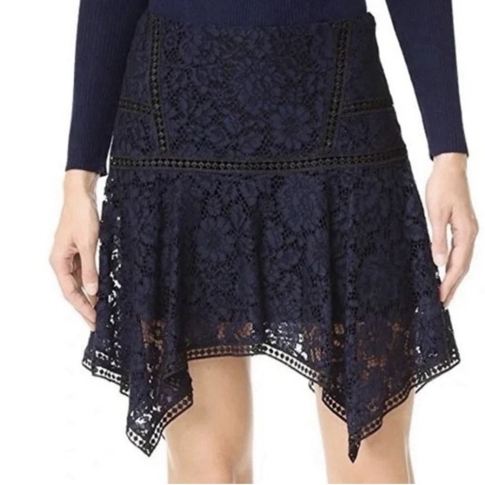 Veronica Beard Lace Mini Skirt Navy Sz 6 Asymmetrical Hem - Picture 12 of 13